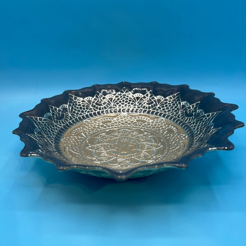 Efe Glass  Blue/gray & Silver Decorative Glass Bowl 8"